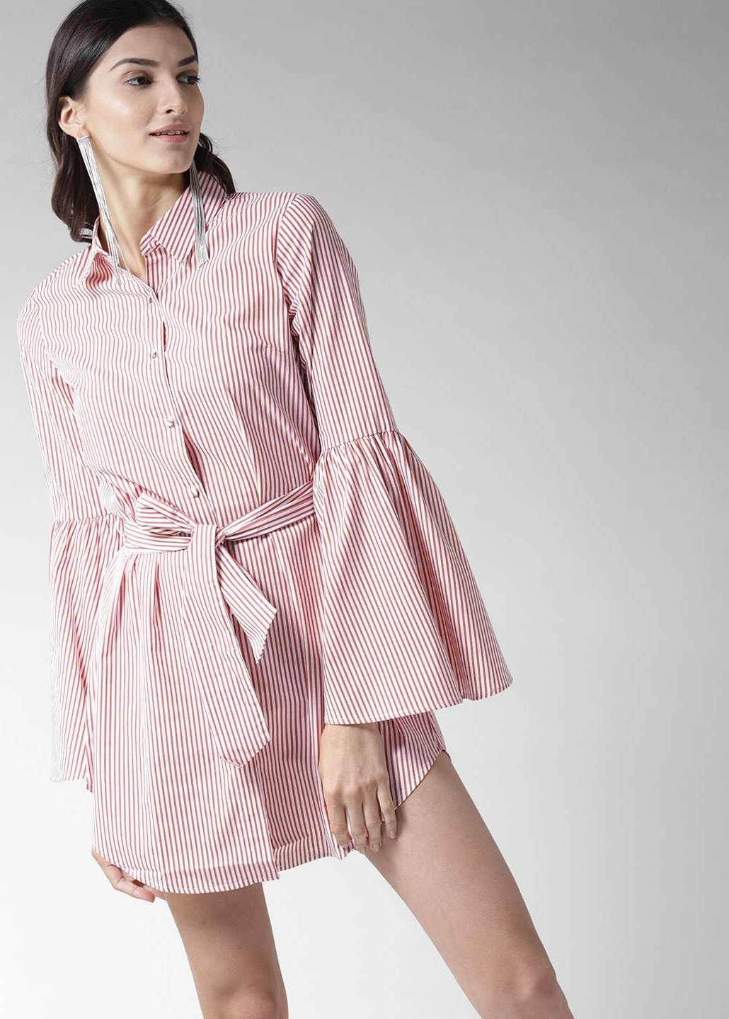 Forever 21 Contemporary Red White Shirt Dress Size Small Belted Bell Sleeve